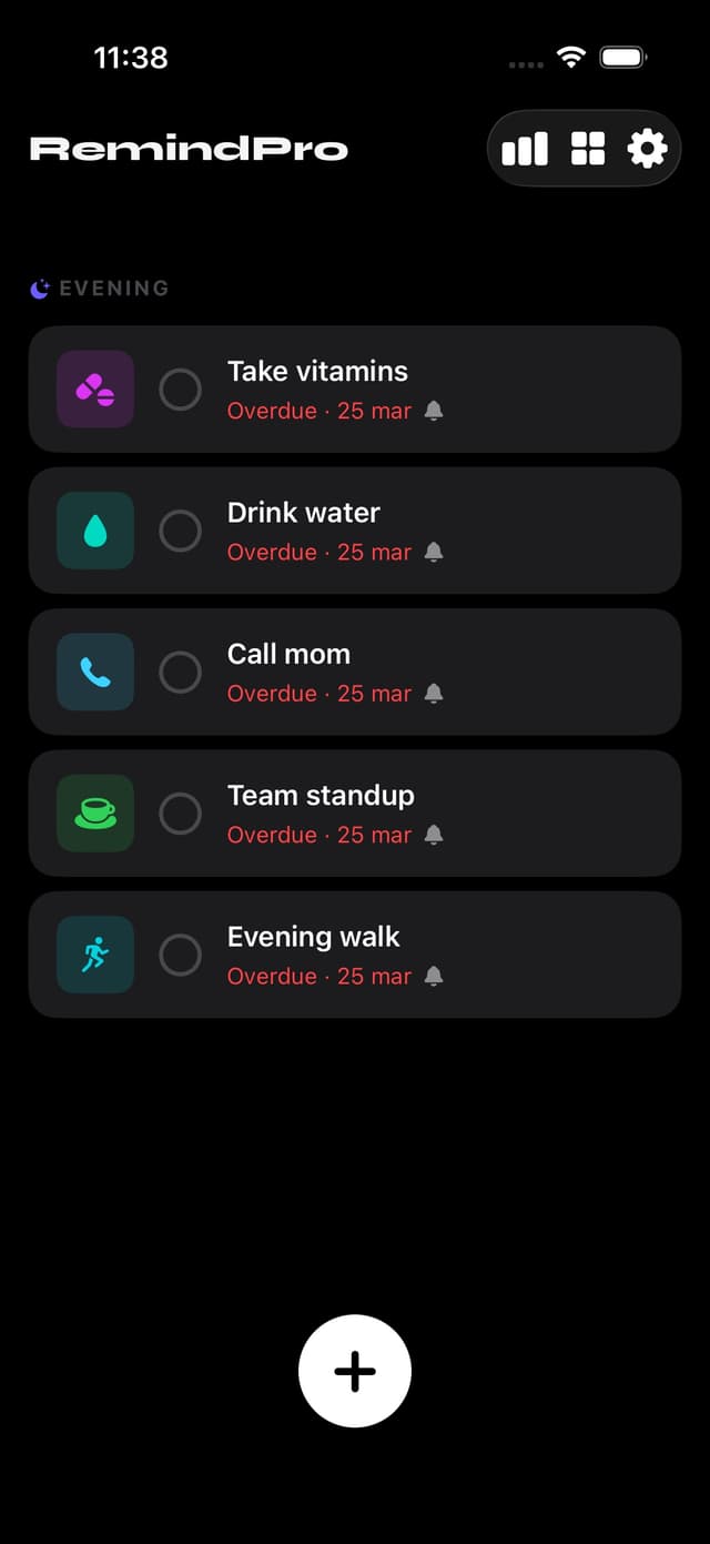 RemindPro reminders list